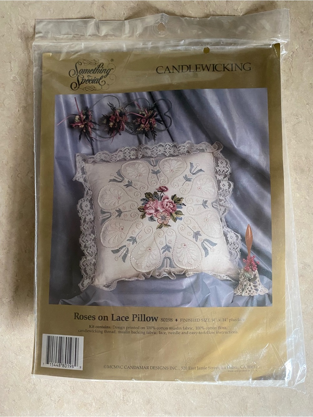 Vintage 90s Candamar Designs Roses on Lace Pillow Candlewicking Embroidery Kit